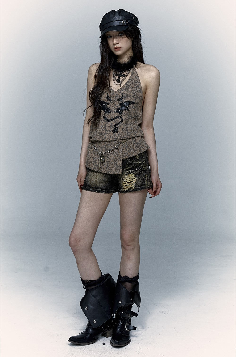 Punk Street Rock Embroidery Leopard Print Halter Vest NOR0067