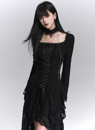 Black Long-Sleeved Lace Slim T-shirt LAD0248
