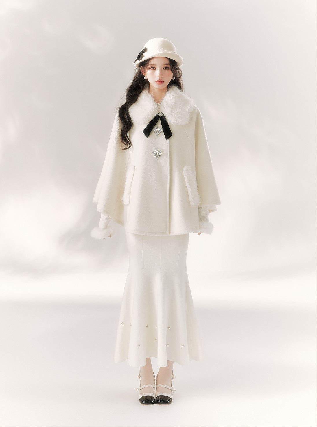 Ribbon Diamond Button Fur Collar Cape BBB0091