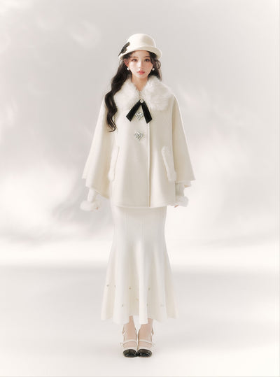 Ribbon Diamond Button Fur Collar Cape BBB0091