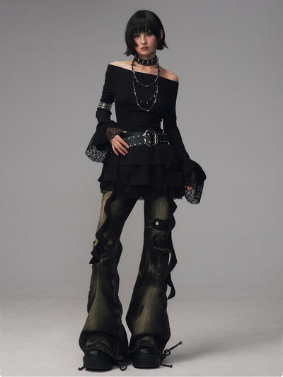 Punk Retro Pockets Slim Fit Flared Jeans FRU0131