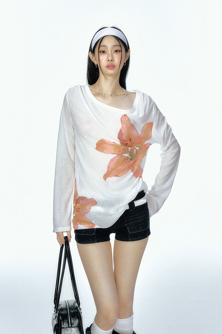 Flower Print Long-sleeved Sunscreen Thin Knitted T-shirt CUR0115