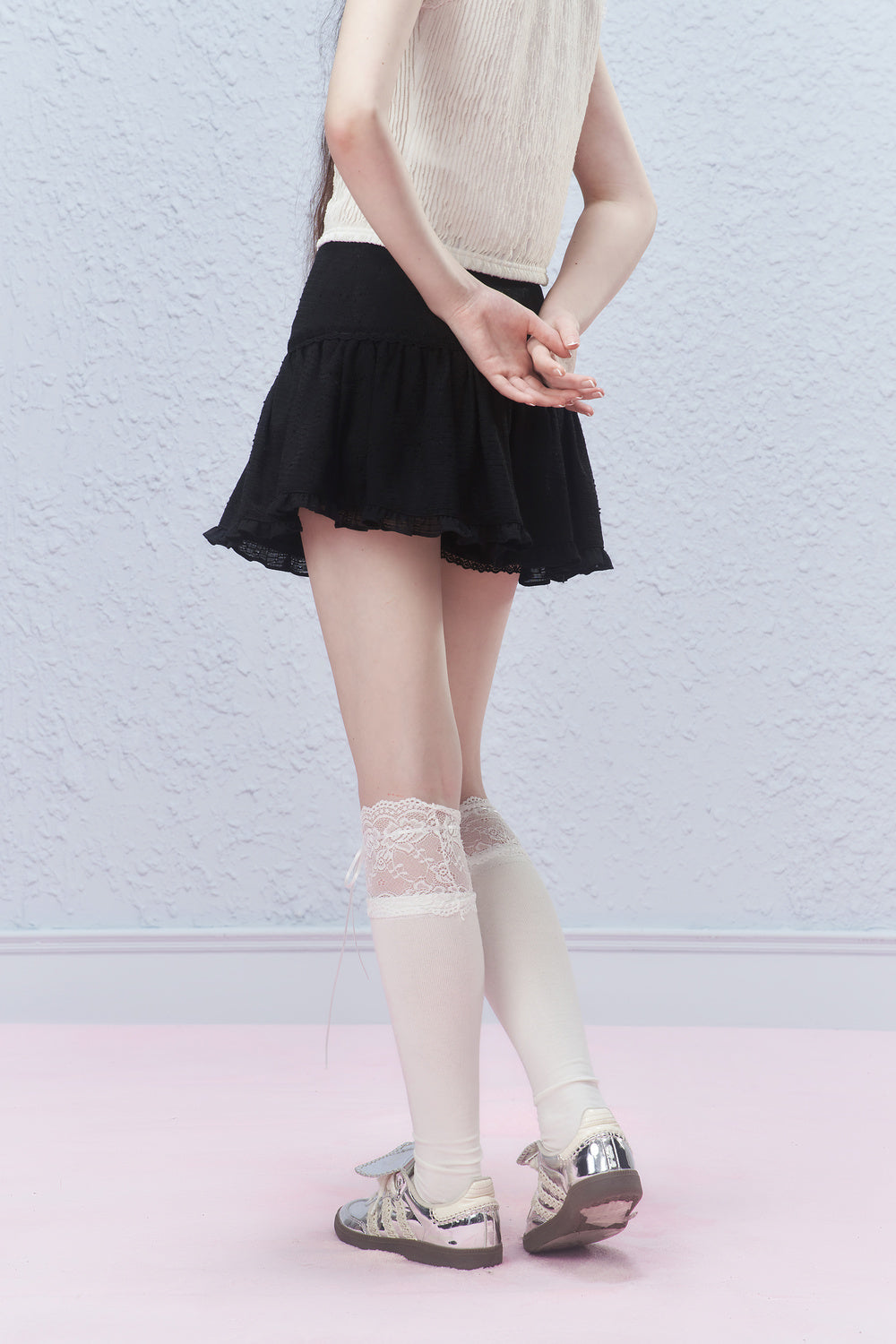 Lace Hem Ribbon Short Skirt AYF0029