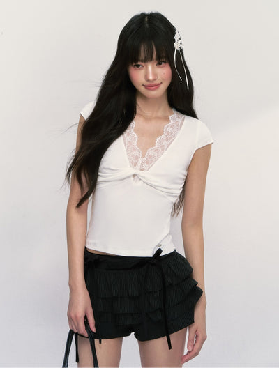 Twisted Lace Splicing T-shirt WEE0013