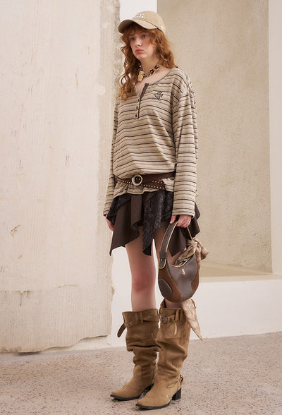 Brown Striped Loose Bird Embroidered T-shirt DID0221