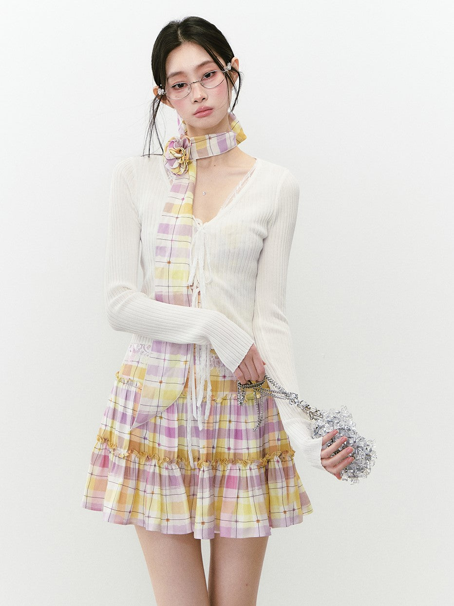 Plaid Sling Stitching Dress/Ribbon VIA0233