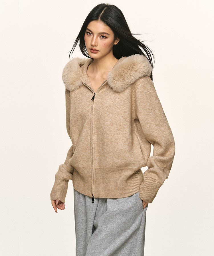 Double Zipper Large Fur Collar Knit Cardigan ANA0094