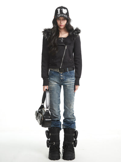 Fur Collar Hooded Sweatshirt Jacket UNC0324