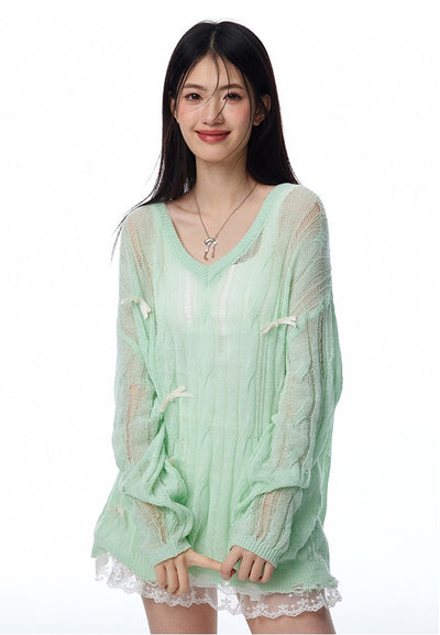 Lazy Style Mint Green Irregular Hollow Bow Knit/Camisole NTO0115