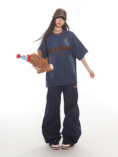 American Retro Letter Embroidery Denim Loose T-shirt UNC0137