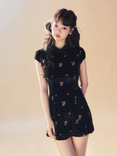 Black Embroidered Velvet Dress SUN0054