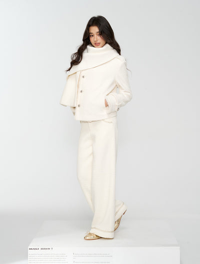 White Furry High-Neck Short Jacket/Scarf 4MU0164