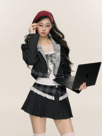 Long-sleeved Short Suit Plaid Jacket/Pleated Skirt DIA0235