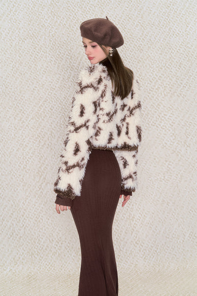 White Coffee Color Matching Furry Short Jacket UND0035