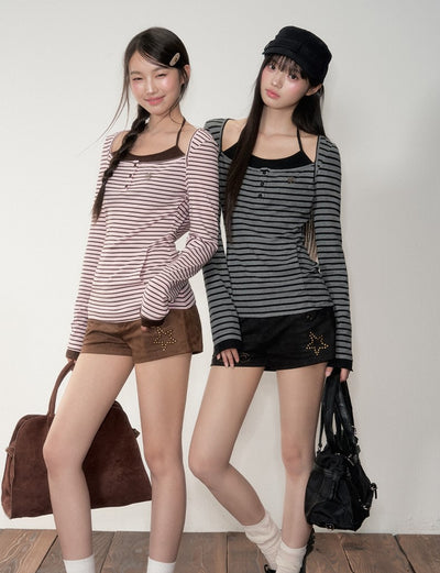 Fake two-piece Striped Hooded T-shirt SOO0024