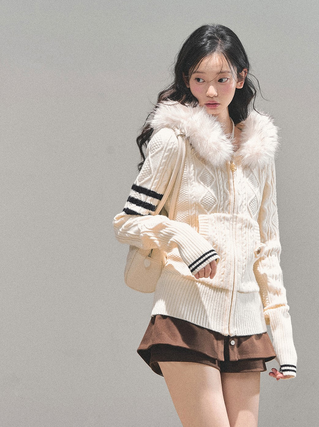 Fur Hooded Knit Cardigan DIA0705