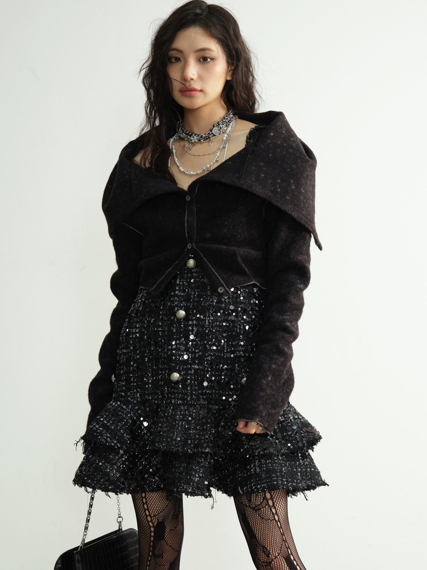 Small Fragrance Style Celebrity Sequins Destructive Tassel Ruffle Cake Dress JNY0190