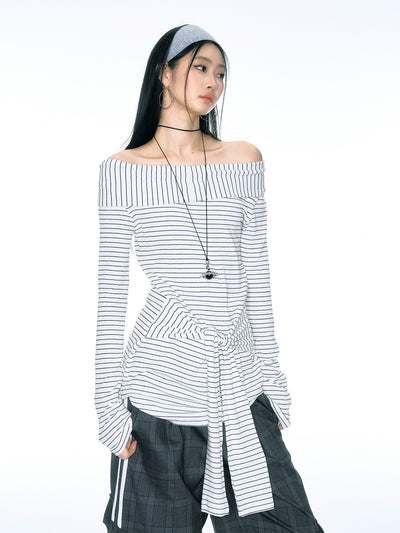 Slim Fit One Shoulder Striped Waist Tie Long Top CUR0153