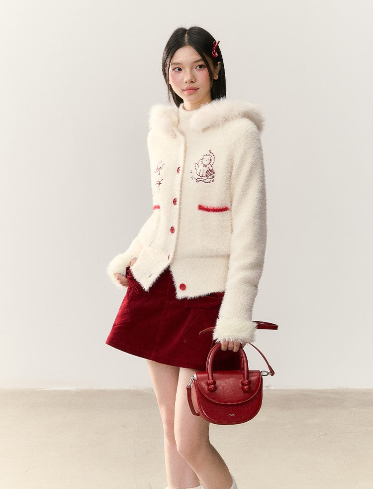 Cat Embroidery Fur Collar Knit Cardigan NTO0248