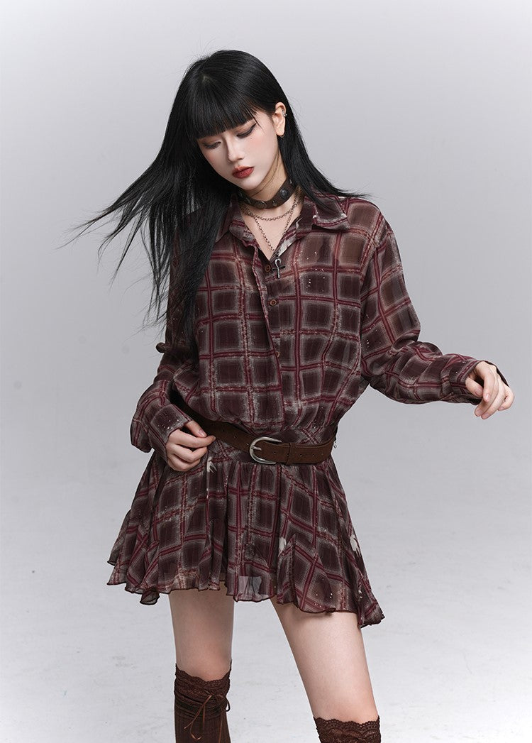 Red Brown Long-Sleeved Plaid Shirt Dress LAD0226