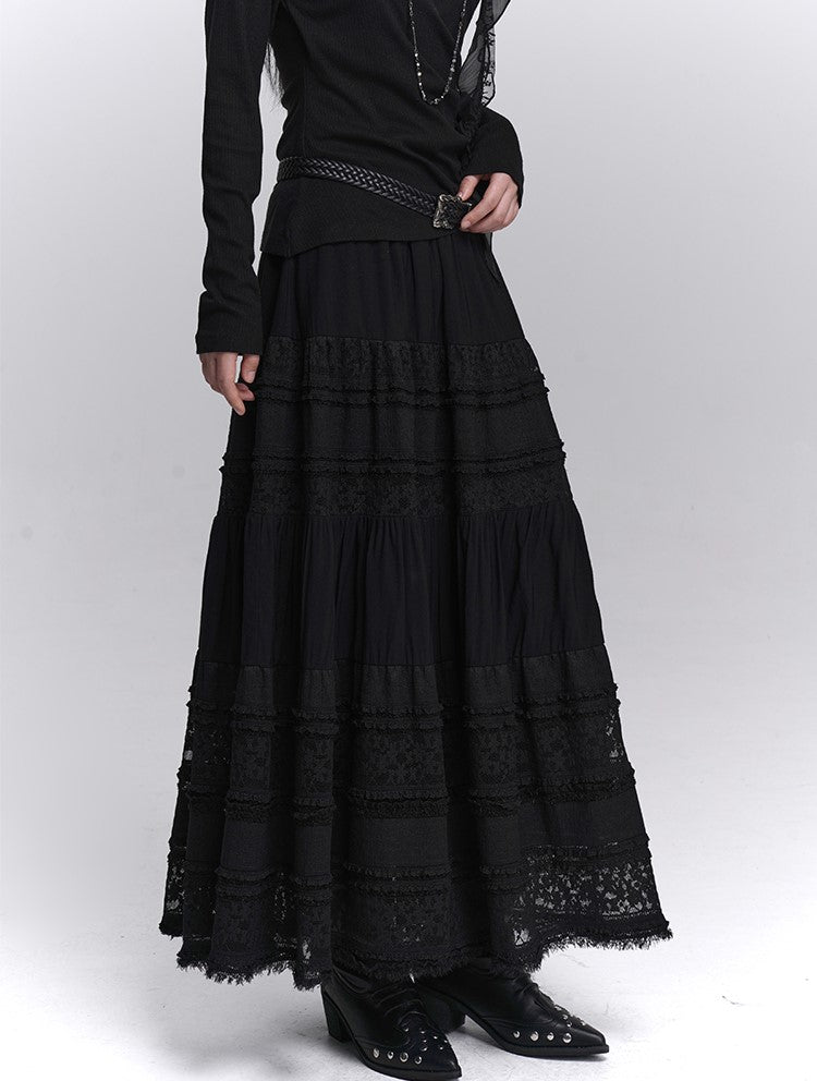 Black Lace A-line Long Skirt LAD0235