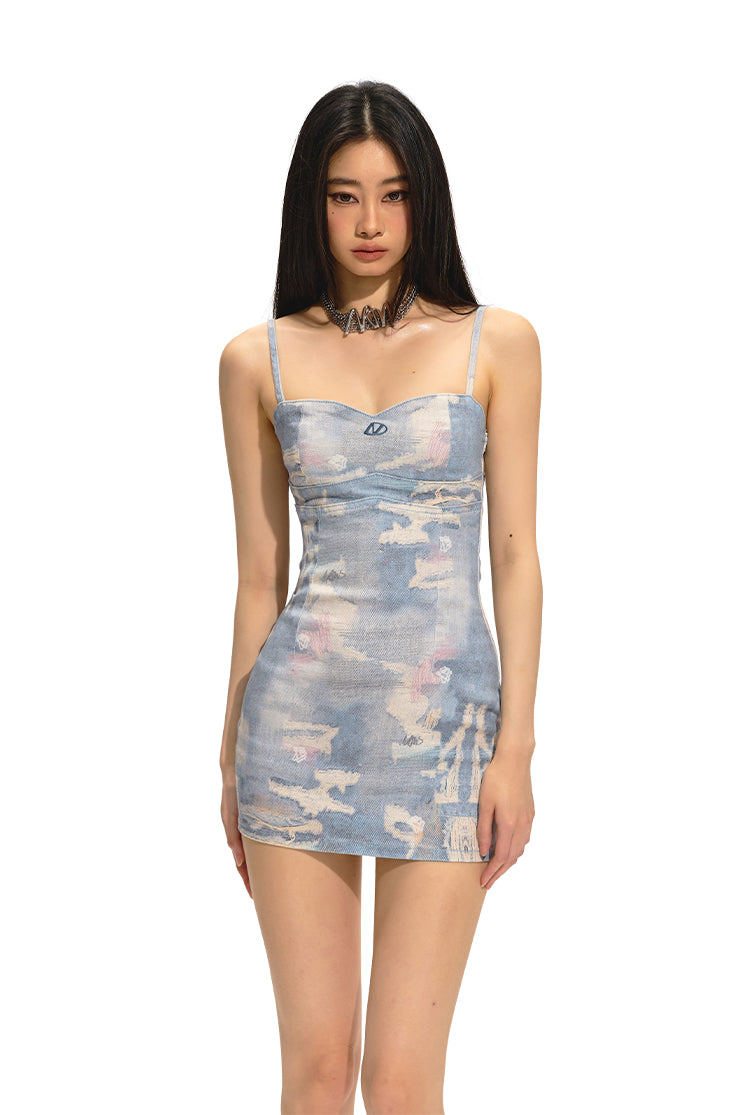 Blue Sky And White Clouds Full Print Suspender Dress NOT0194