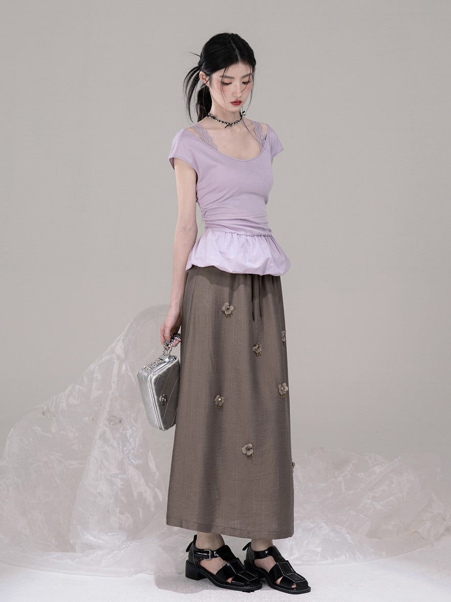 Purple Waist Slim Short Sleeve T-shirt COT0306
