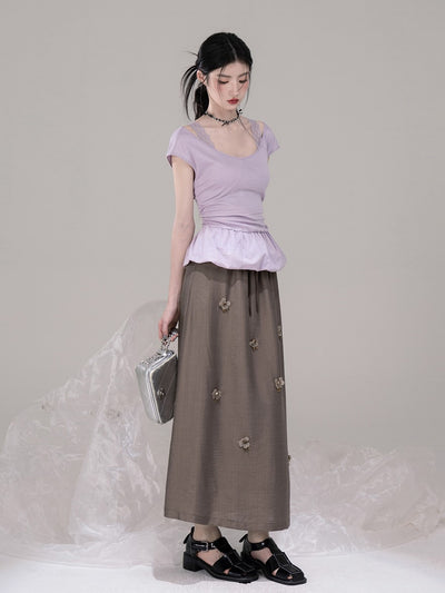 Purple Waist Slim Short Sleeve T-shirt COT0306