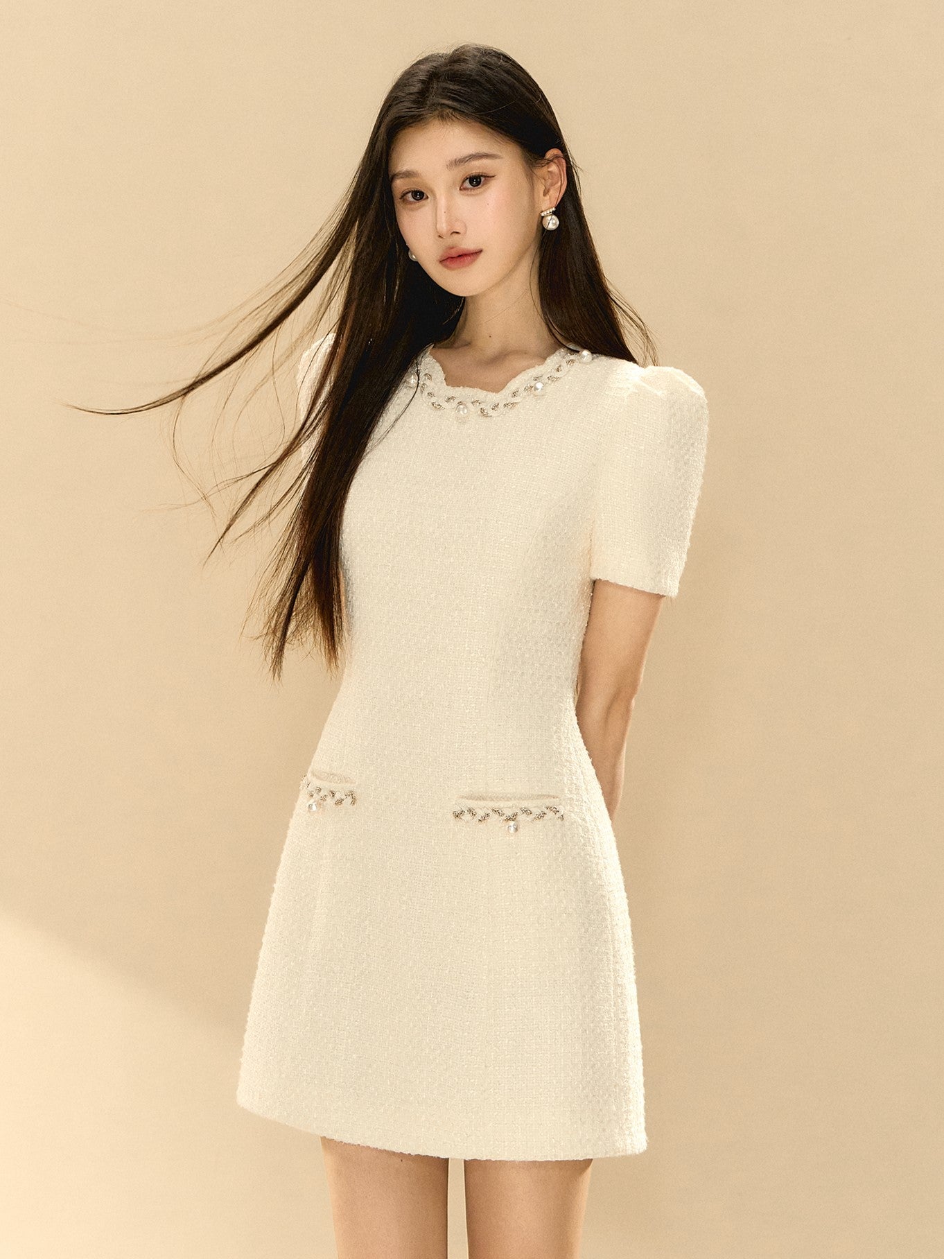 Puff Sleeve A-line Beaded Dress OSH0141