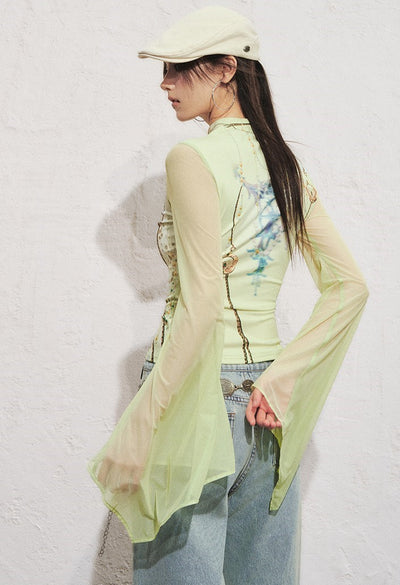 Pattern Printed Trumpet Sleeve Top OFA0286