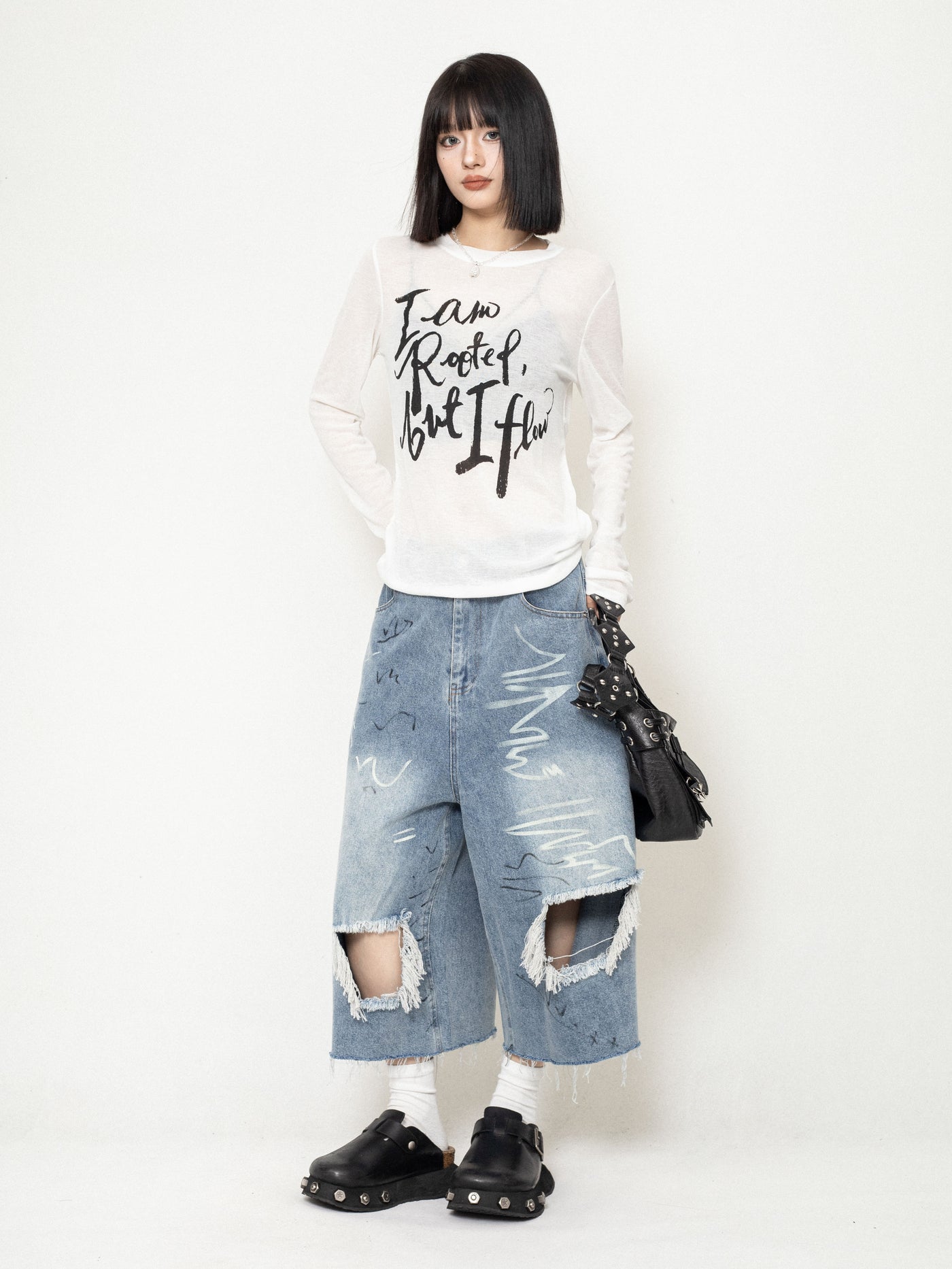 Lazy Style Letter Pullover Mesh Long Sleeves T-shirt ZER0232