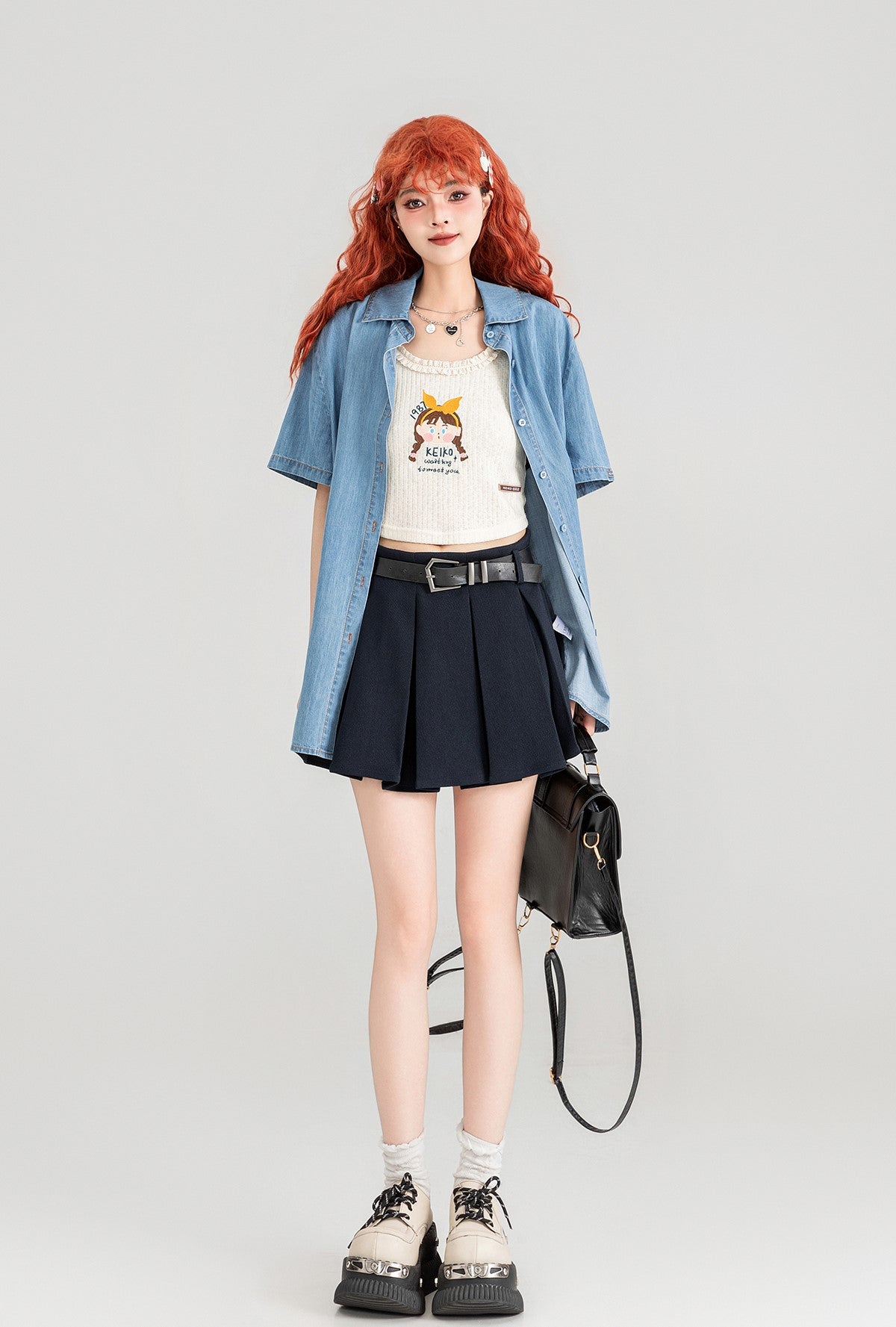 Two-piece Short-sleeved Thin Denim Shirt/Lace-up Vest KEI0088