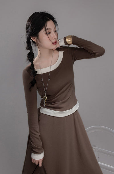 White Milk Coffee Contrast Top+Skirt COT0359
