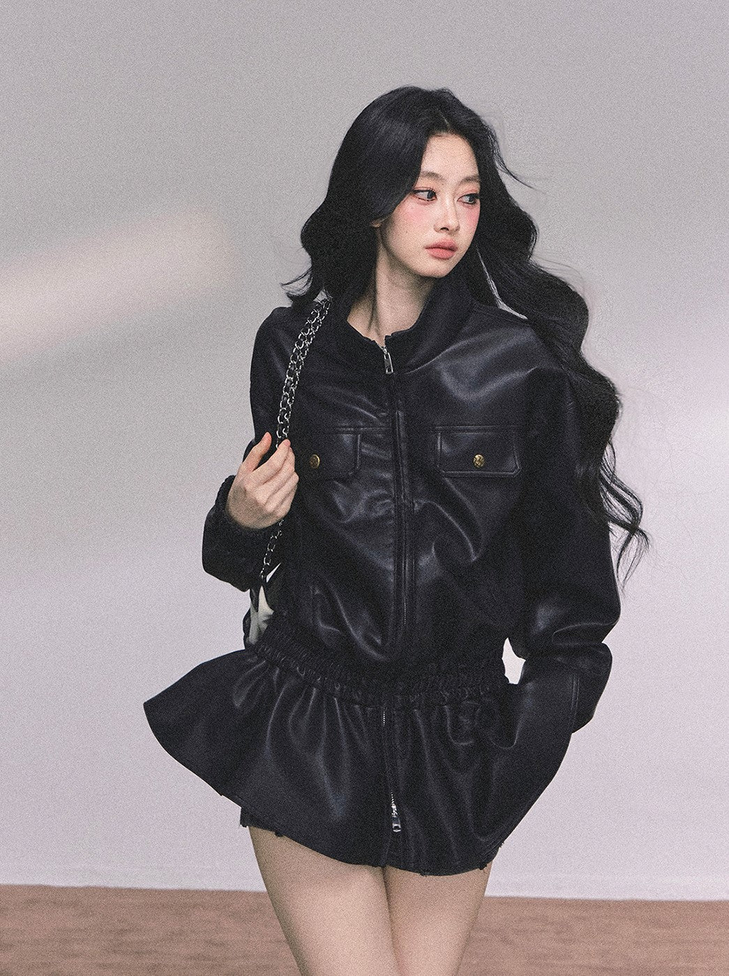 Stand Collar Black Leather Jacket DIA0603