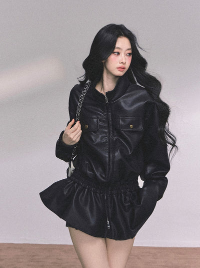 Stand Collar Black Leather Jacket DIA0603
