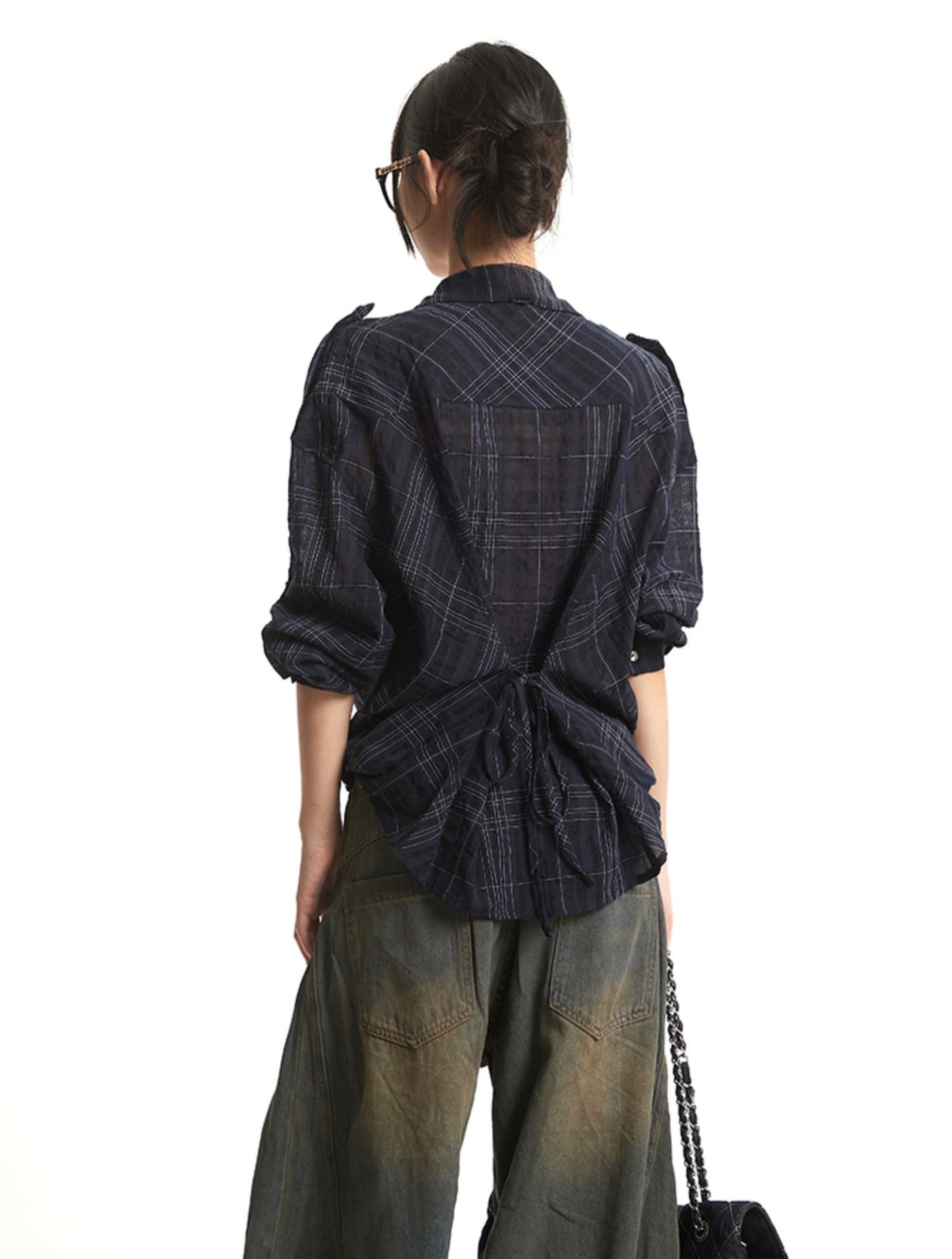 Retro Navy Plaid Long Sleeve Shirt UNC0275