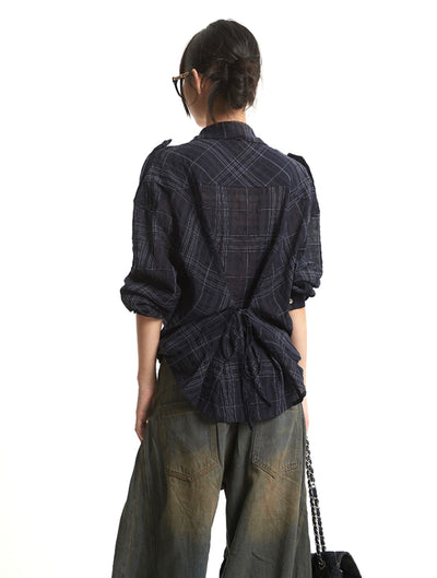 Retro Navy Plaid Long Sleeve Shirt UNC0275