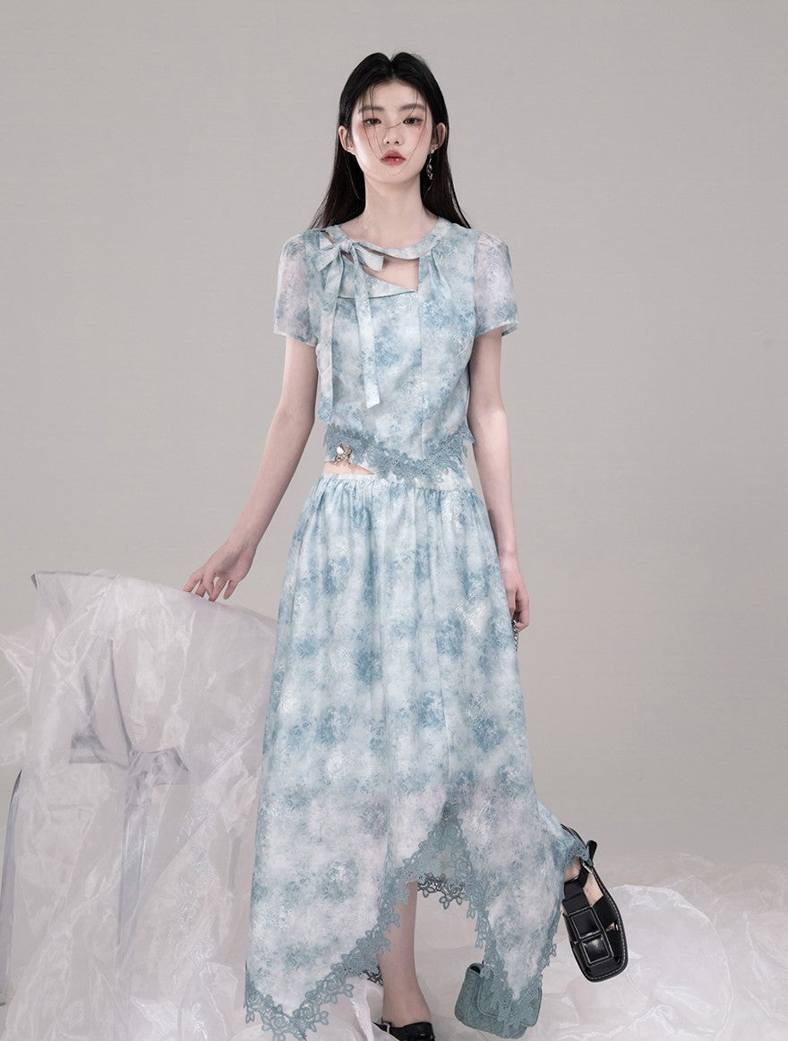 Blue Bow Collar Shirt+Irregular Skirt COT0316