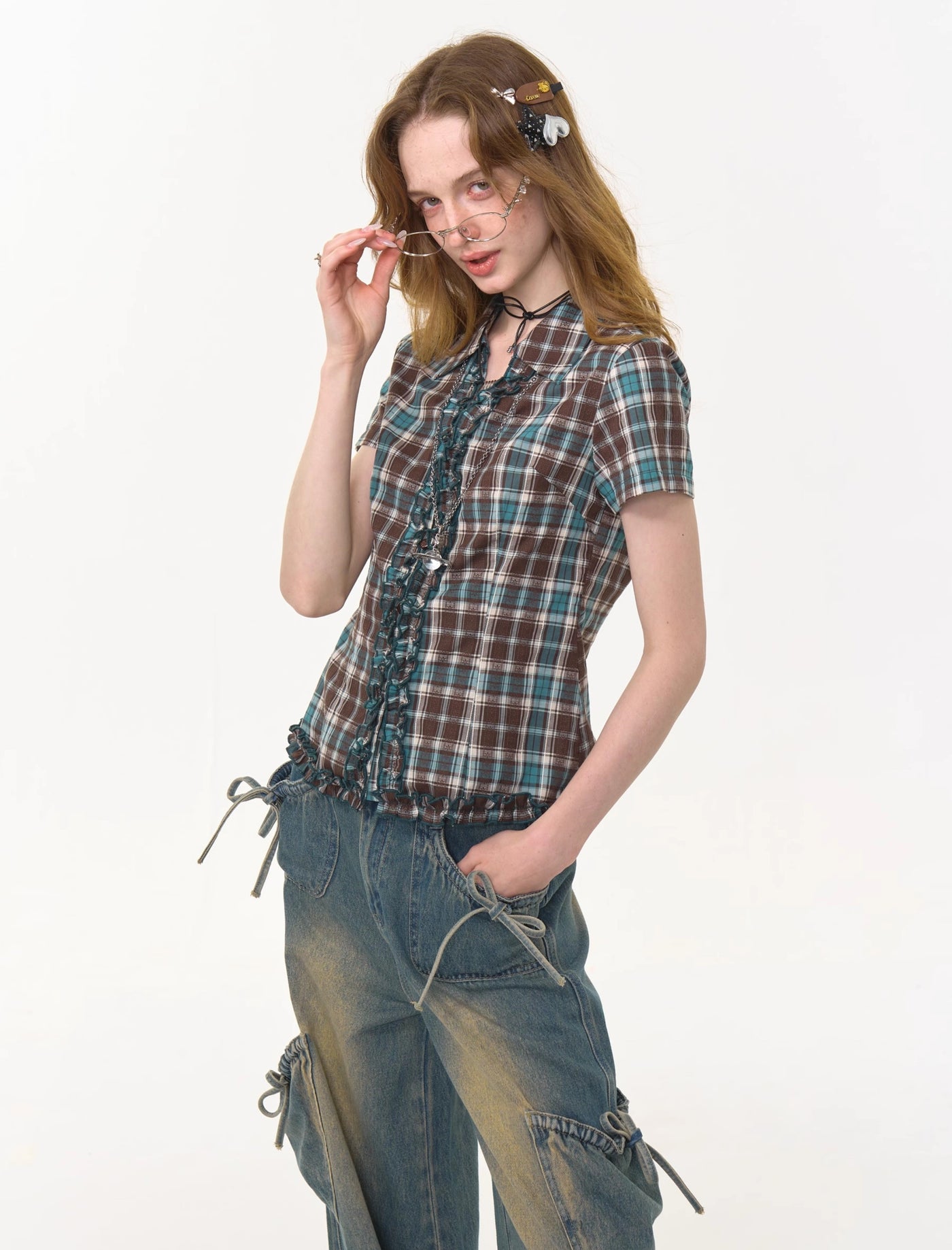 Lace Brown And Blue Plaid Short-sleeved Shirt ZIZ0276