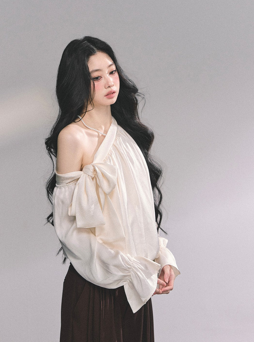 Oblique Shoulder Bow Plaid Shirt DIA0625