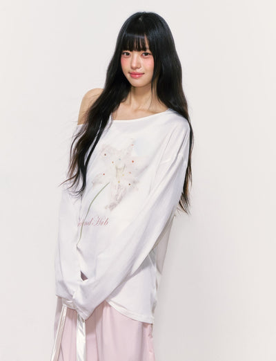 Flower Printed Off-shoulder T-shirt WEE0056