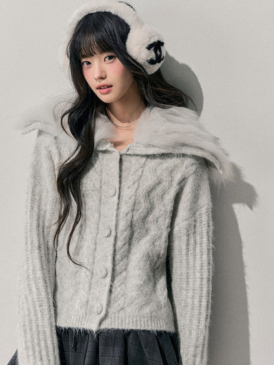 Large Fur Collar Knit Cardigan DIA0733