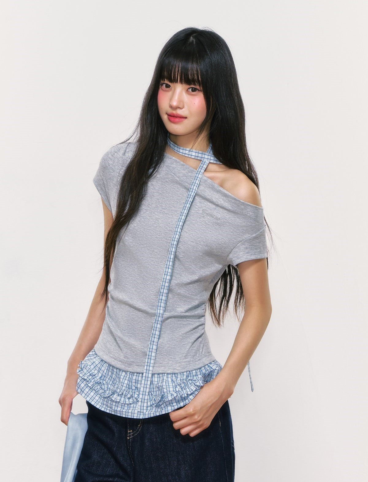 Plaid Ruffled Off-shoulder T-shirt WEE0053