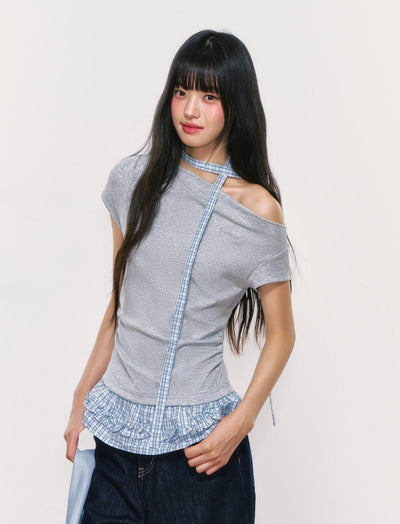 Plaid Ruffled Off-shoulder T-shirt WEE0053