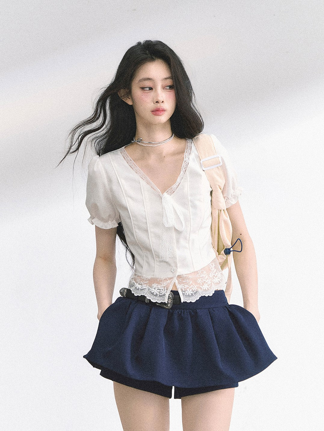 Lace V-neck Puff Sleeve Shirt DIA0521