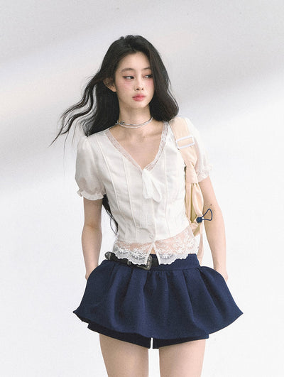 Lace V-neck Puff Sleeve Shirt DIA0521