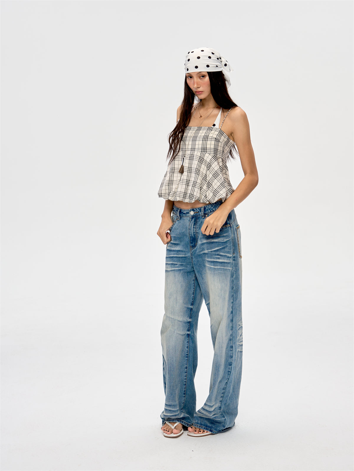 Washed Blue Drape Wide-leg Jeans CUR0216