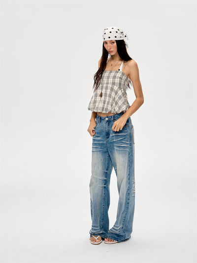 Washed Blue Drape Wide-leg Jeans CUR0216