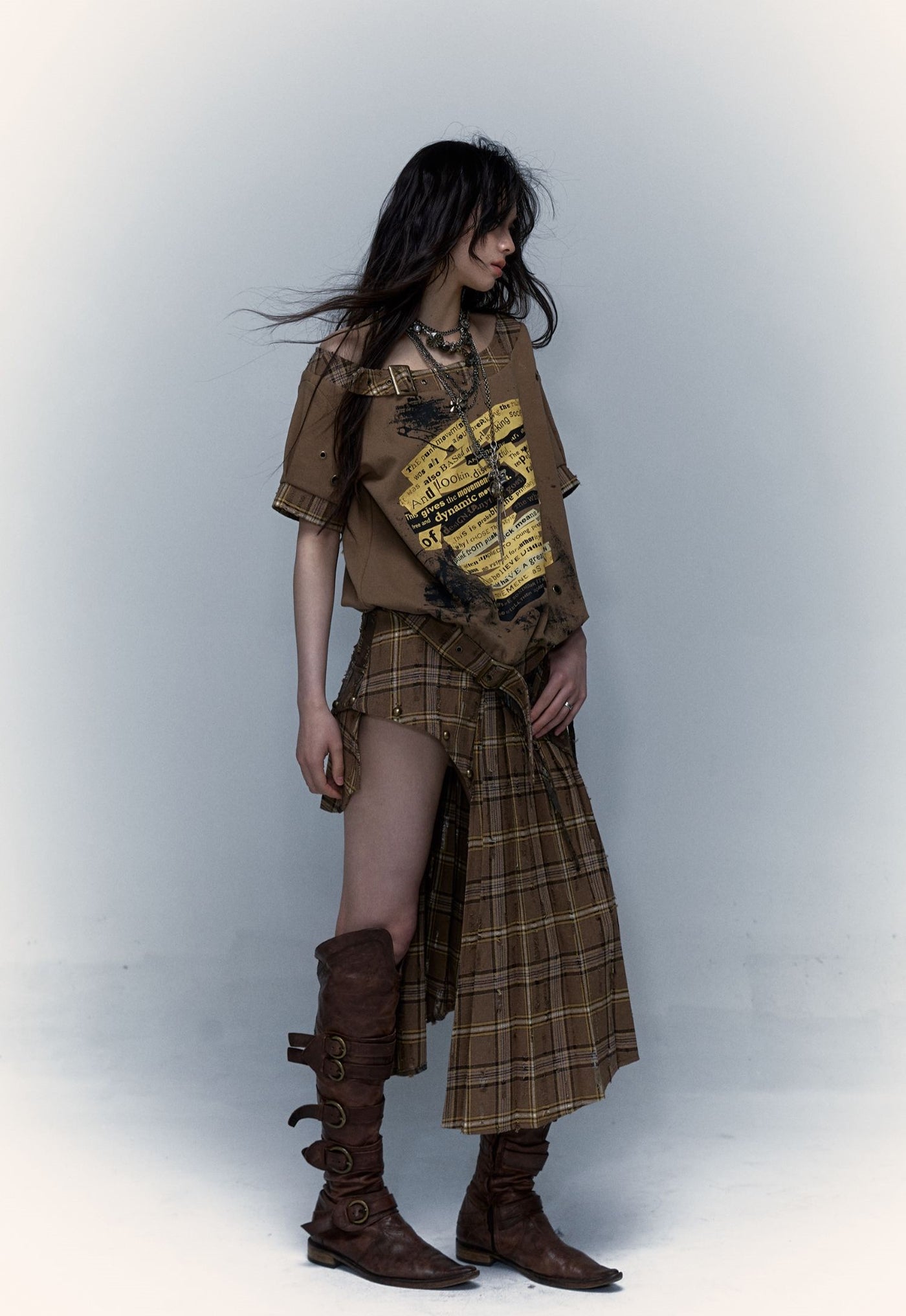 Wasteland Punk Plaid Detachable Two-wear Irregular Pleated Skirt NOR0052