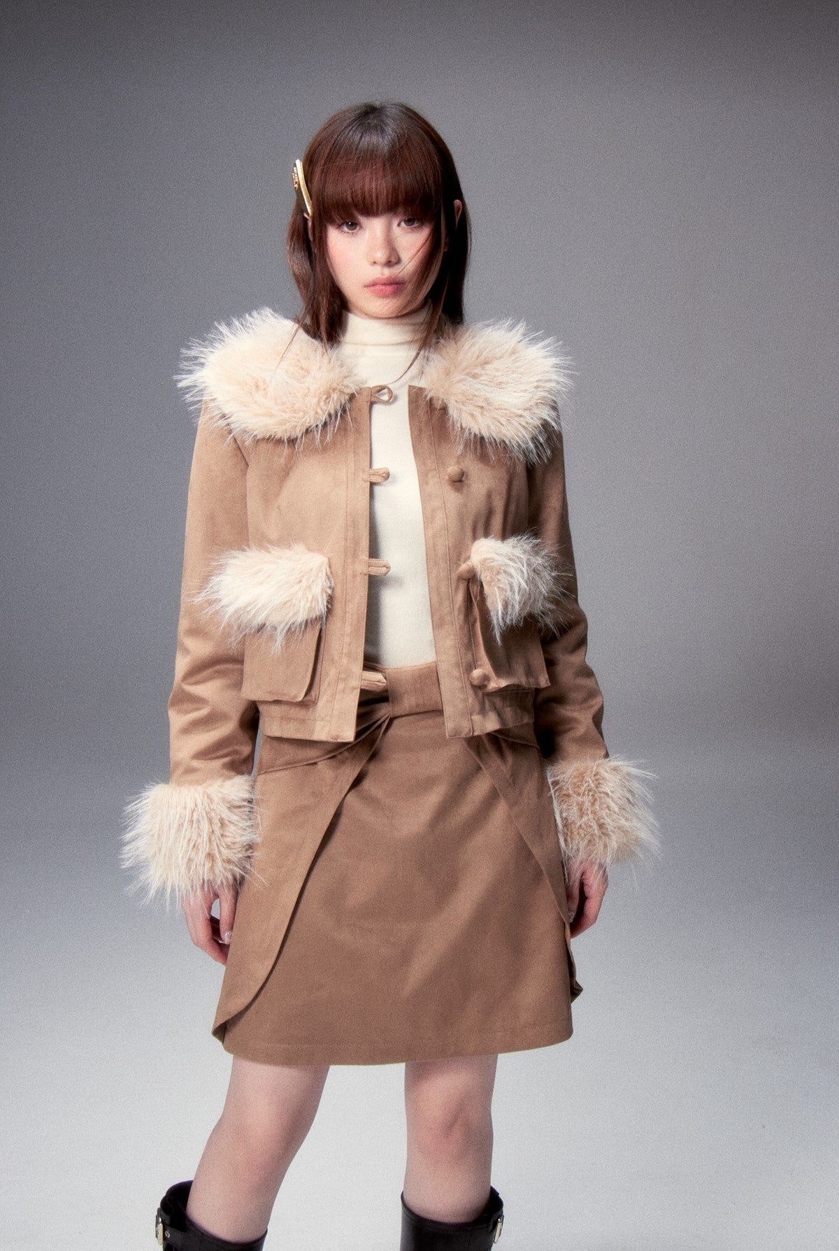 Long Fur Collar Suede Jacket/Skirt LOS0007